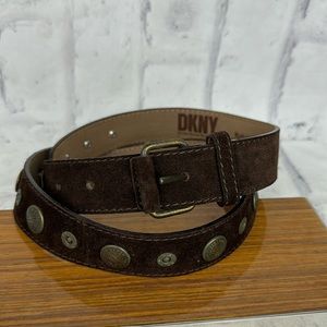 DKNY Genuine Leather Suede Belt Bohemian Brown Brass Buckle and Branded Studs